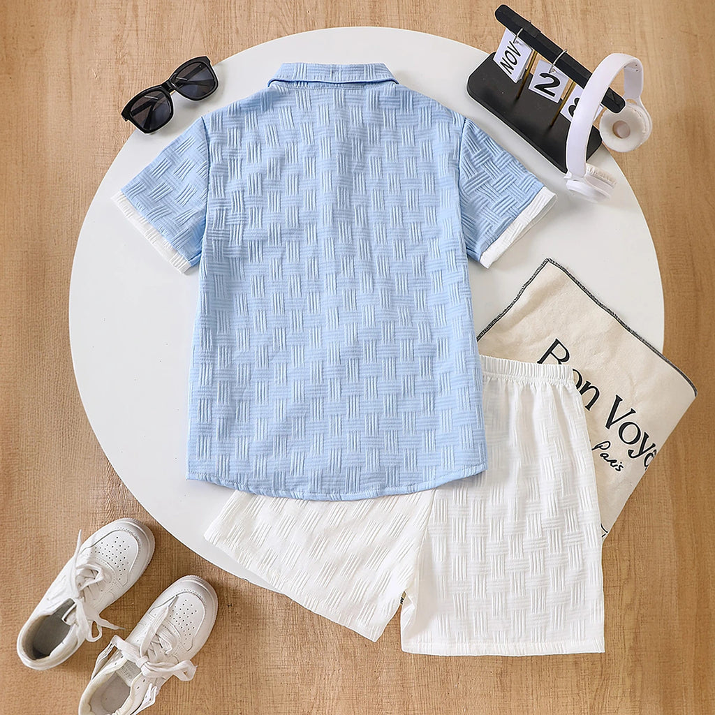 Boys Light Green Self-Design Short Sleeves Shirt With Shorts Set Sets