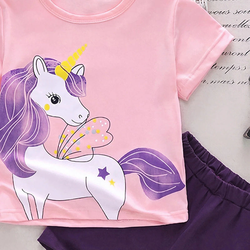 Girls Light Pink Unicorn Print Short Sleeve T-Shirt With Shorts Sets 2 pc. Sets