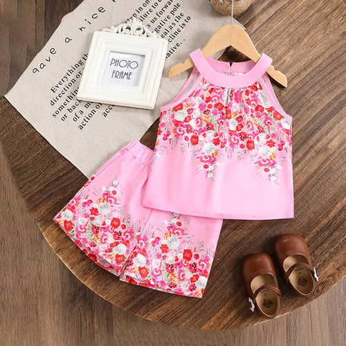 Girls Pink Floral Print Sleeveless Top With Shorts Sets 2 pc. Sets Pink 2-3 Y