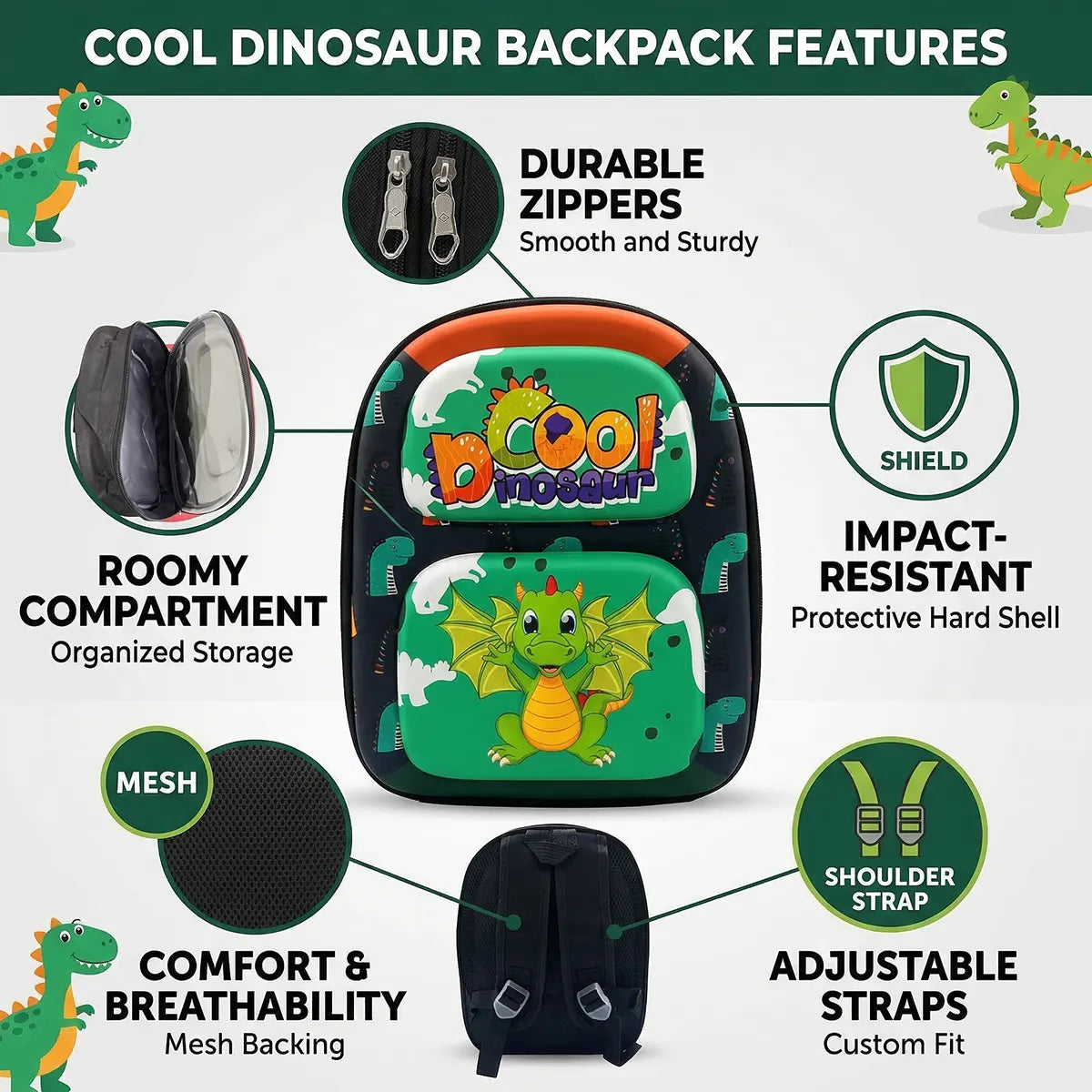 Boys Green Dinosaur Front Hard-Shell School Backpack Trending Accessories