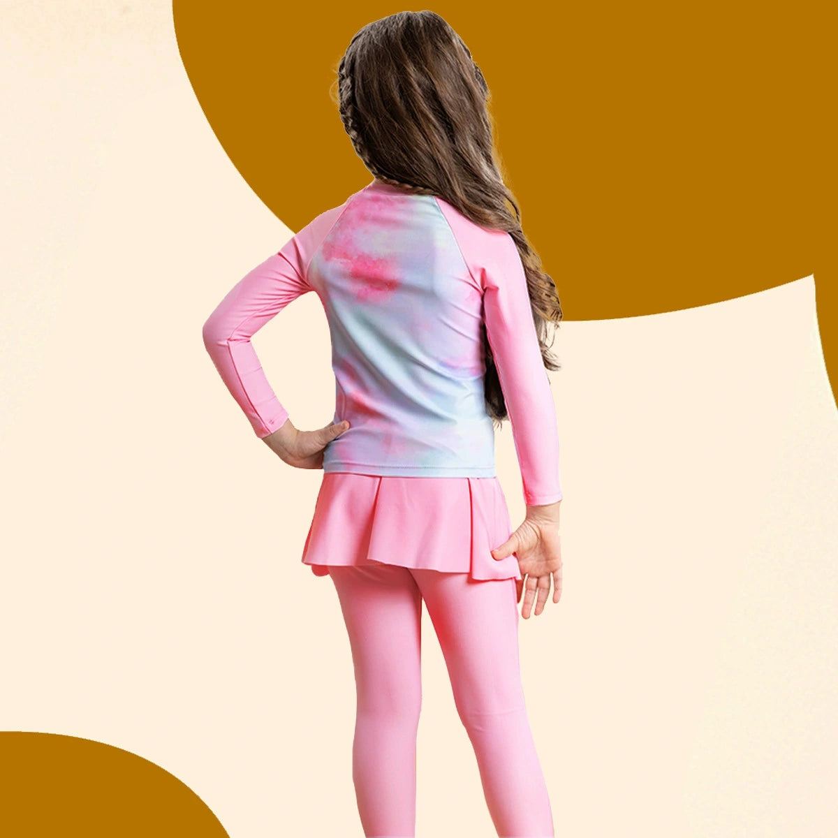 Girls Pink Tye-dye Printed T-Shirt & Skirt With Attached Legging Swimwear sets Sets