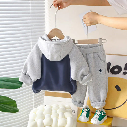 Boys Grey Regular Hooded Sweatshirt With Trouser Sets 3 pc. Sets