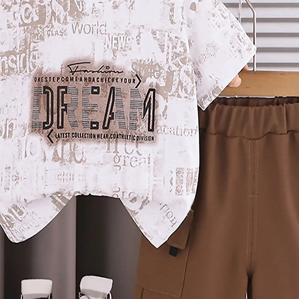 Boys Brown Printed Short Sleeve T-Shirt With Elasticated Shorts Sets 2 pc. Sets