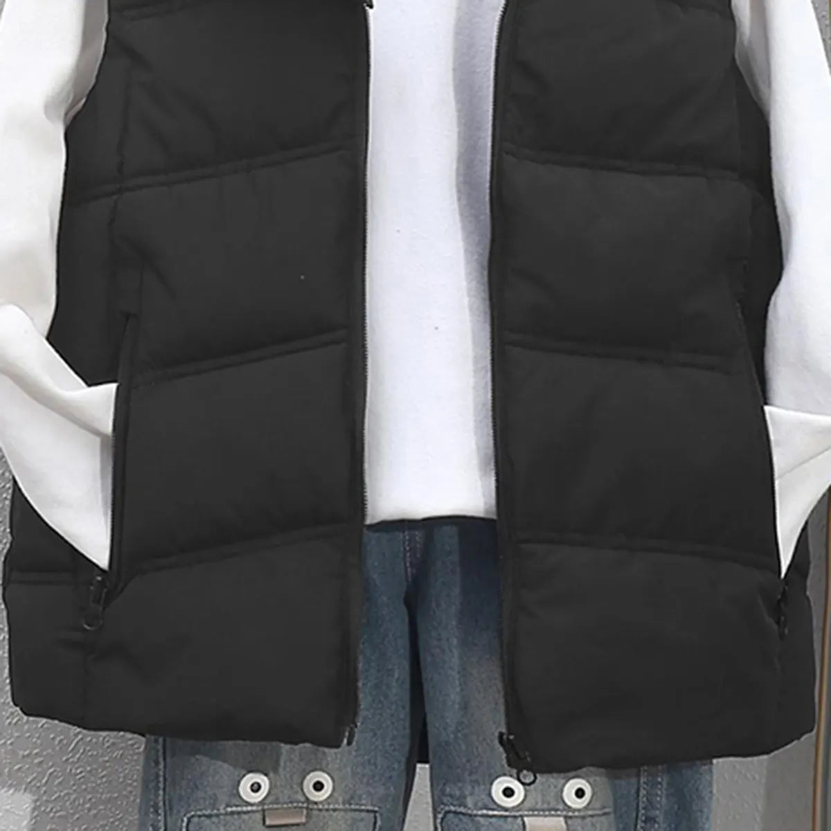 Girls Black Sleeveless Hooded Puffer Long Vest Coats & Jackets