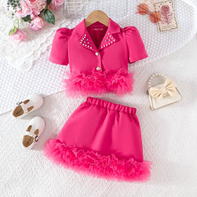 Girls Fuchsia Embellished Lapel Collar Blazer Top With Skirt Co-ord Sets Sets