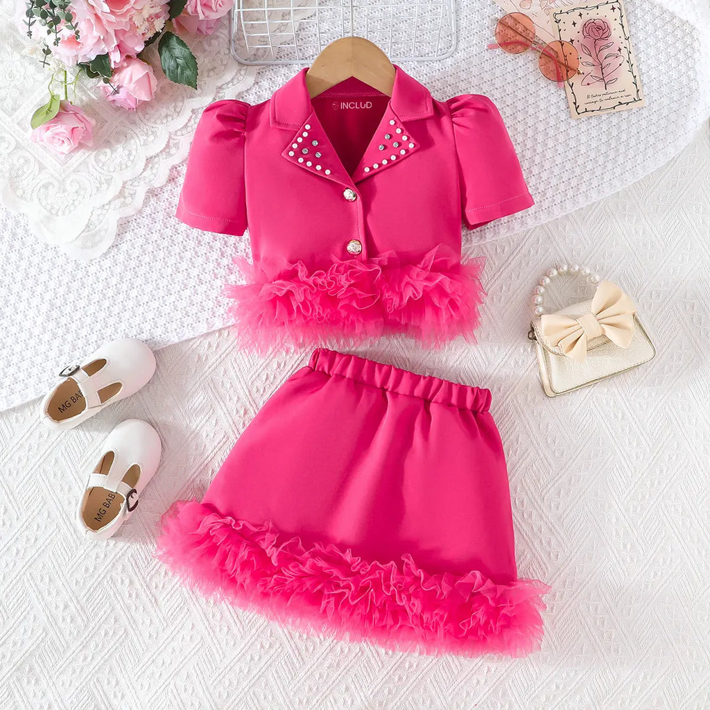 Girls Fuchsia Embellished Lapel Collar Blazer Top With Skirt Co-ord Sets Sets