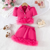 Girls Fuchsia Embellished Lapel Collar Blazer Top With Skirt Co-ord Sets Sets
