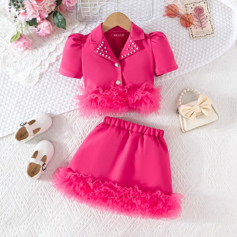 Girls Fuchsia Embellished Lapel Collar Blazer Top With Skirt Co-ord Sets Sets