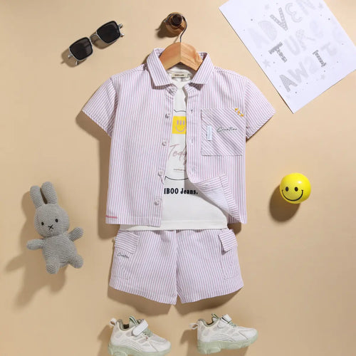 Boys Pink Stripes Short Sleeves Shirt With Printed T-Shirt & Shorts Sets Sets Brown 0-1 Y