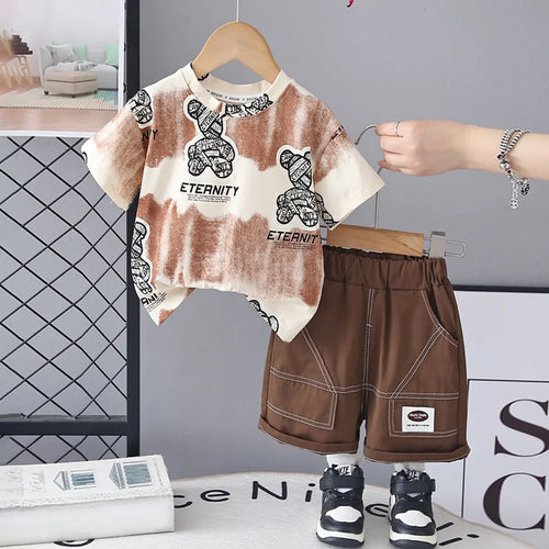 Boys Brown Teddy Bear Graphic T-Shirt With Elasticated Shorts Sets Sets Brown 1-2 Y