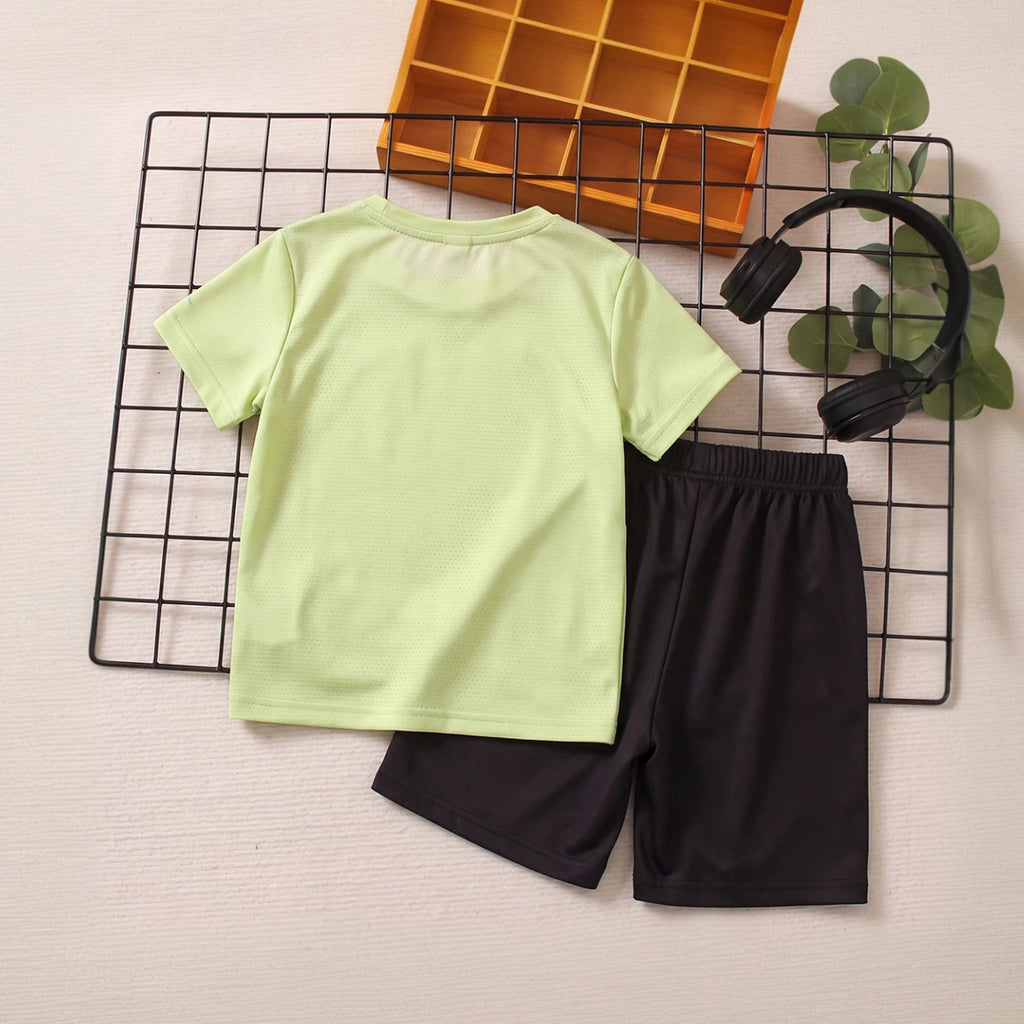 Boys Green Typography Print Short Sleeve T-Shirt With Shorts Sets 2 pc. Sets