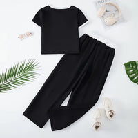 Girls Black Bow Graphic Top With Wide-Leg Pants Sets Sets