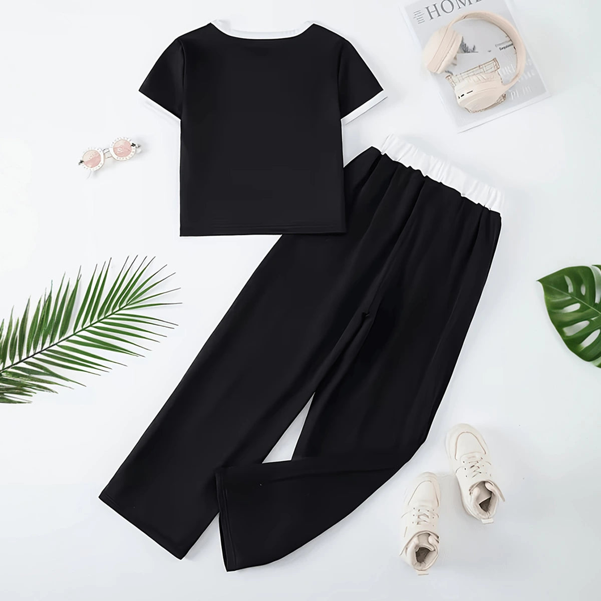 Girls Black Bow Graphic Top With Wide-Leg Pants Sets Sets