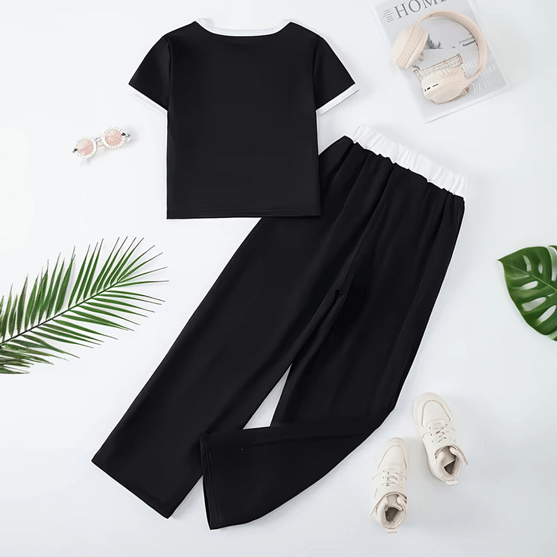 Girls Black Bow Graphic Top With Wide-Leg Pants Sets Sets
