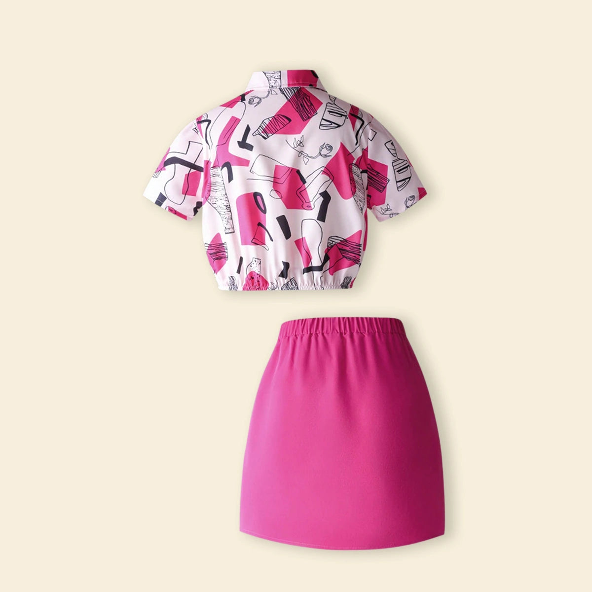 Girls Fuchsia Abstract Printed Short Sleeves Top With Skirt Sets Sets
