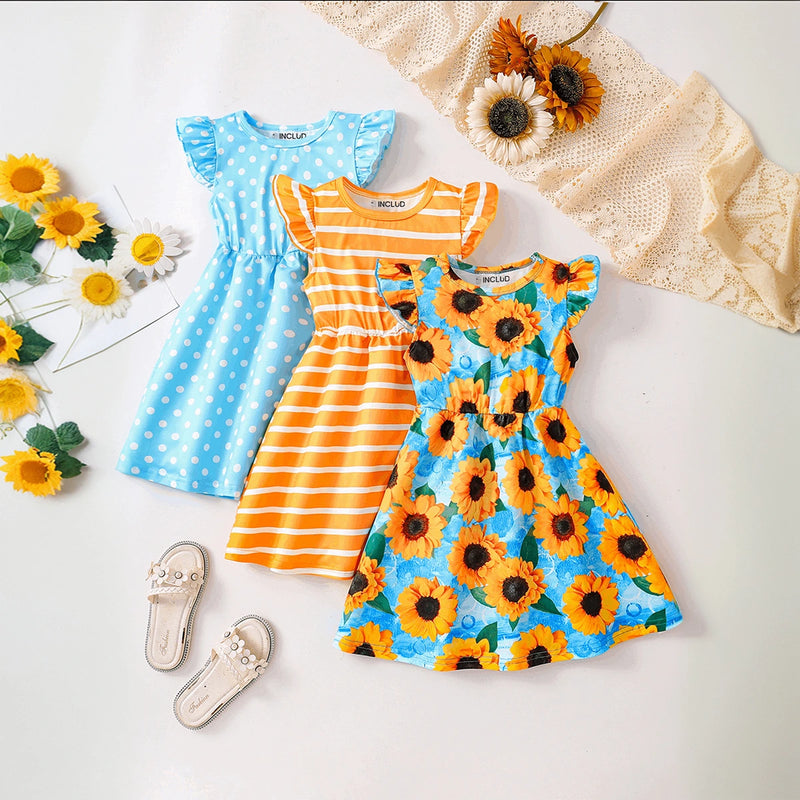 Girls Multicolor Floral Print Flutter Sleeve Fit & Flare Dress Pack Of 3 Casual Dresses Multicolor 3-4 Y