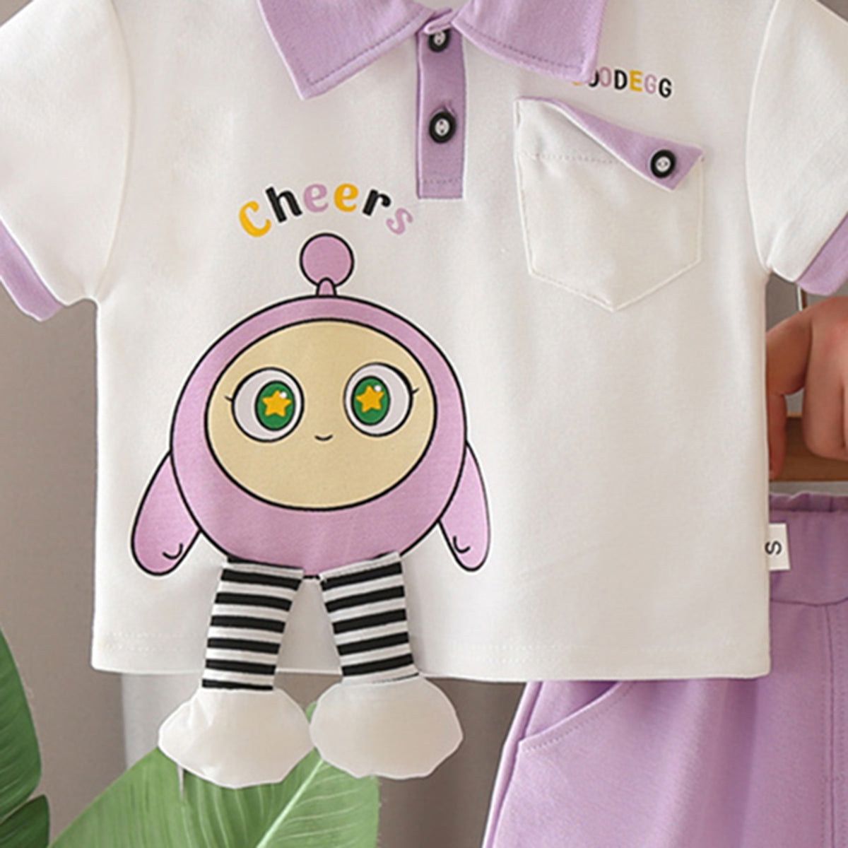 Boys Purple Cartoon Printed Applique Short Sleeves Polo T-Shirt With Shorts Set 2 pc. Sets