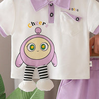 Boys Purple Cartoon Printed Applique Short Sleeves Polo T-Shirt With Shorts Set 2 pc. Sets