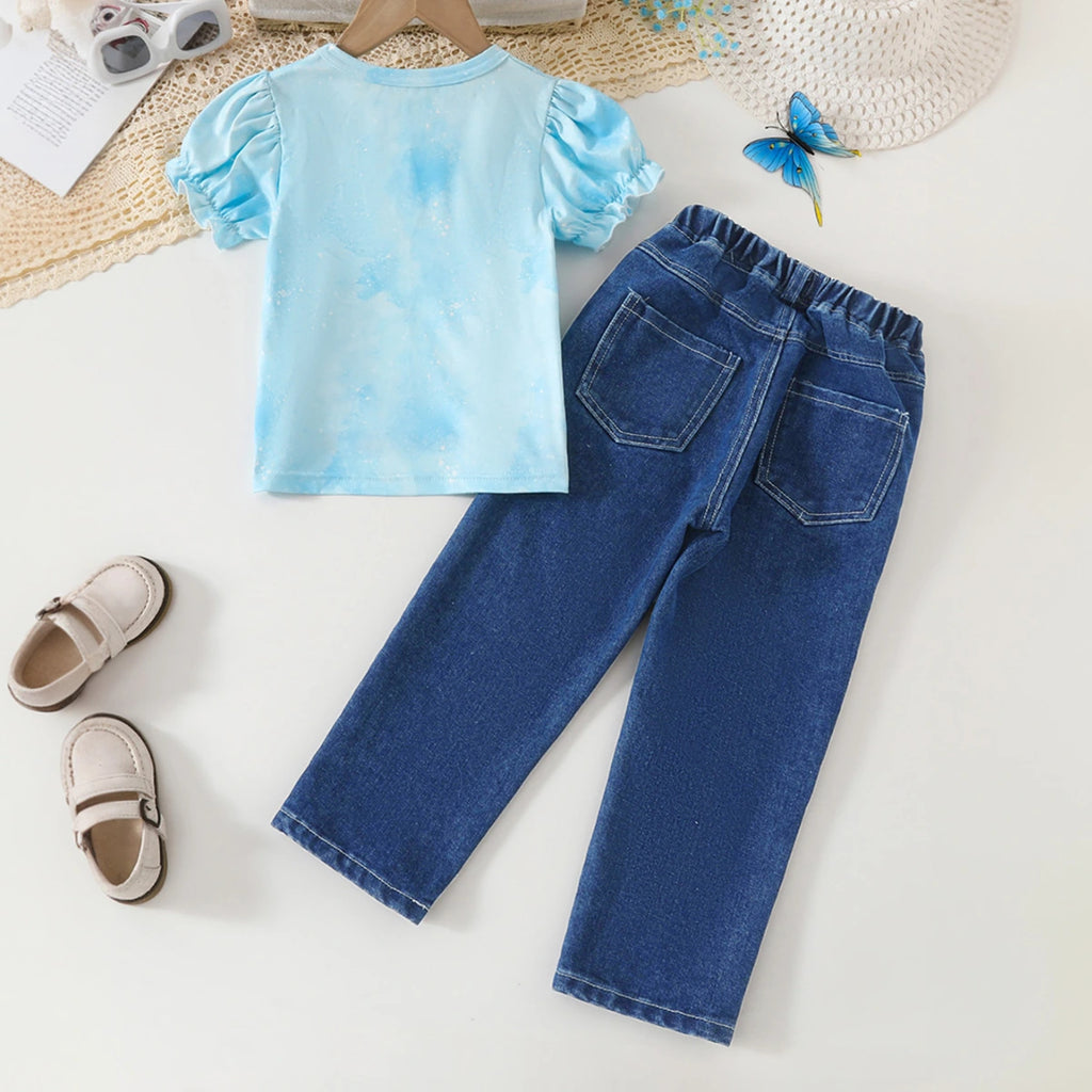 Girls Sky Blue Graphics Top With Floral Printed Denim Pants Set Sets