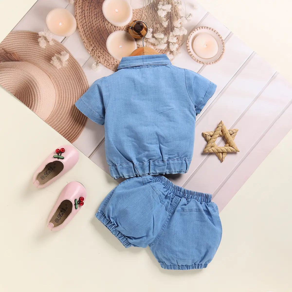 Boys Light Blue Applique Denim Shirt With Elasticated Shorts Sets 2 pc. Sets