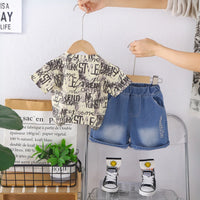 Boys Yellow Typographic Print T-Shirt With Denim Shorts Set Sets