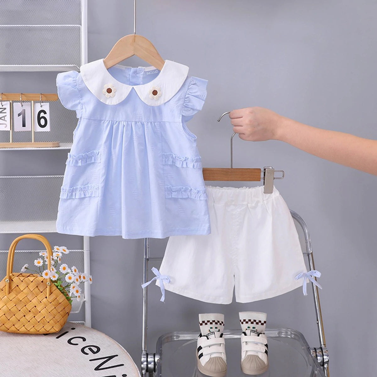 Girls Light Blue Flower Applique Top With Shorts Sets 2 pc. Sets Light Blue 1-2 Y