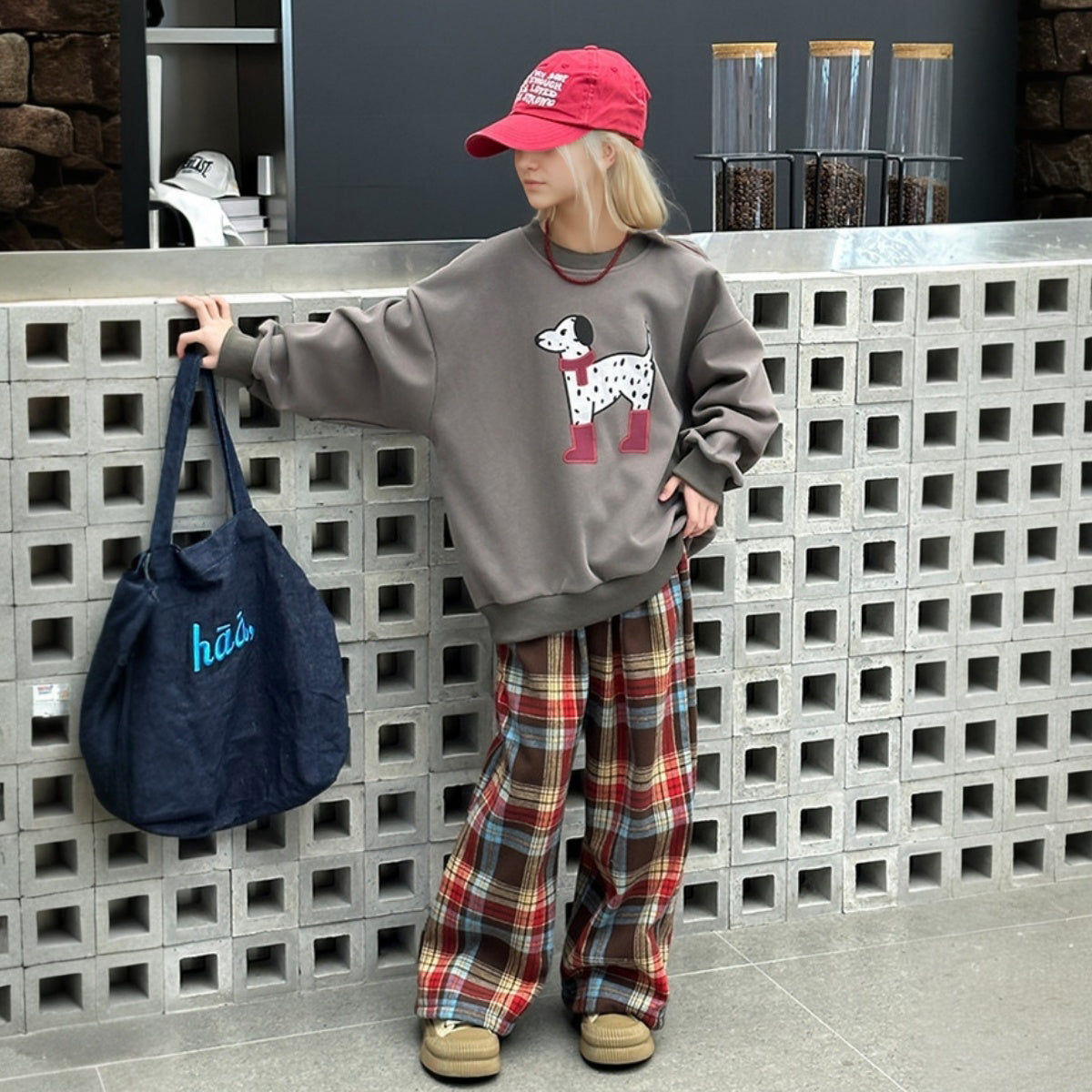 Girls Brown Cartoon Graphic Winter Sweatshirt With Checked Pant Set 2 pc. Sets