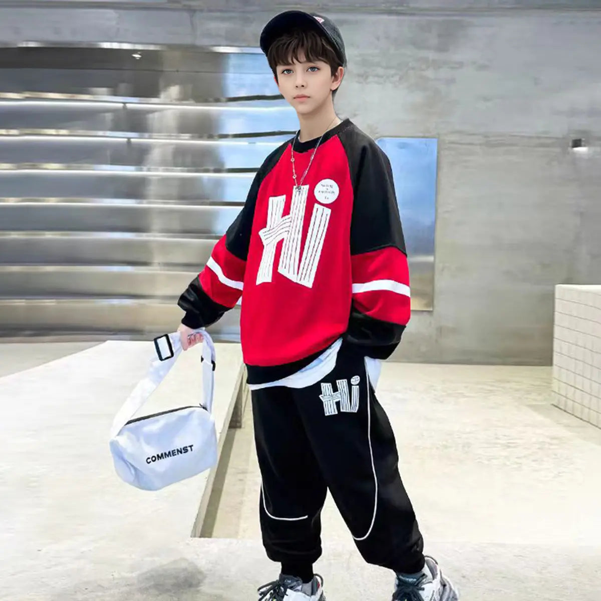 Boys Red Hi Printed Winter Sweatshirt With Jogger Set 2 pc. Sets