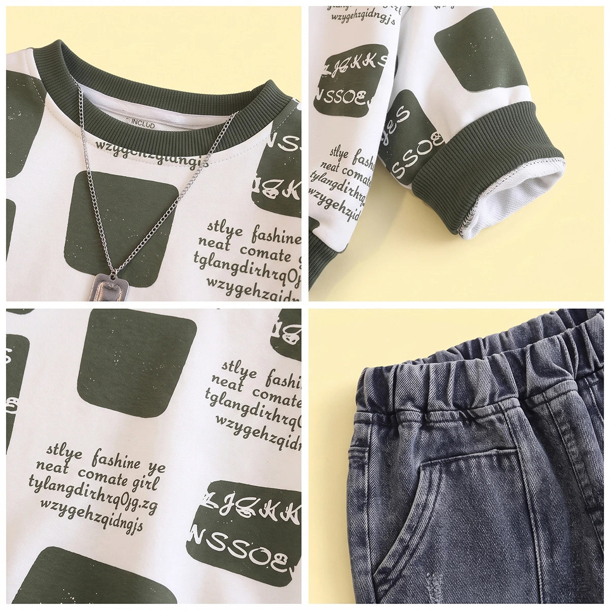 Boys Green Typographic Sweatshirt & Denim Pants Sets Sets