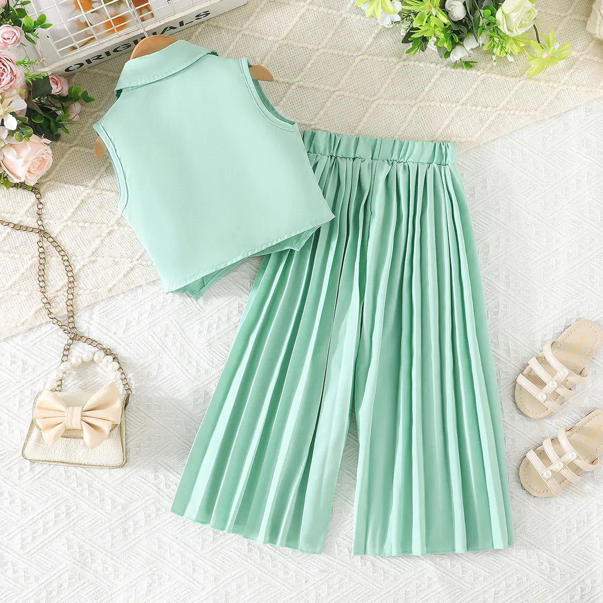 Girls Mint Green Sleeveless Blazer Top With Pleated Flared Pant Co-ord Sets Sets