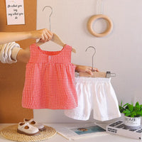 Girls Red Gingham Checked Sleeveless Top With Short Sets Sets