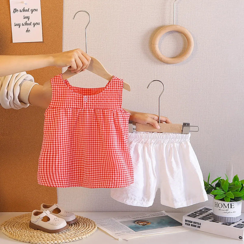 Girls Red Gingham Checked Sleeveless Top With Short Sets Sets