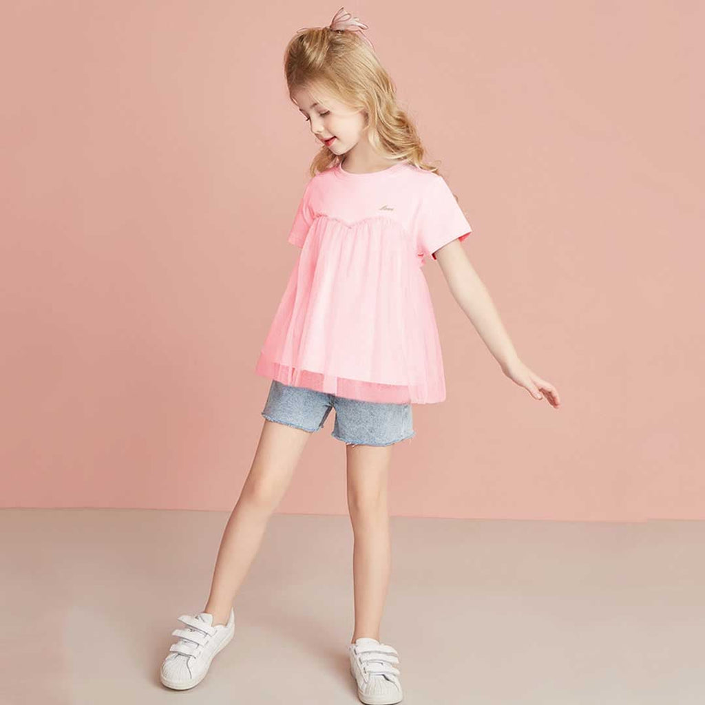 Girls Short Sleeve Mesh Detailed T-Shirt Tshirts   