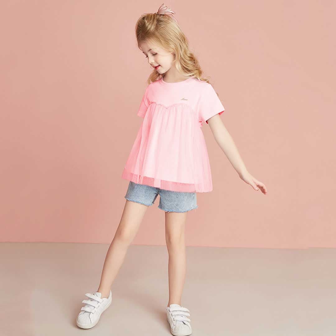 Girls Short Sleeve Mesh Detailed T-Shirt Tshirts   