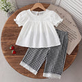 Girls White Schiffli Embroidered Puff Sleeve Top With Checked Pants Sets 2 pc. Sets White 1-2 Y
