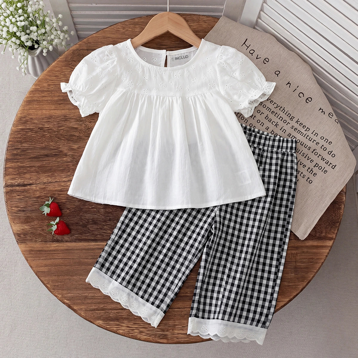 Girls White Schiffli Embroidered Puff Sleeve Top With Checked Pants Sets 2 pc. Sets White 1-2 Y