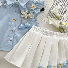Girls Light Blue Floral Applique Sleeveless Shirt With Pleated Skirt Sets 2 pc. Sets