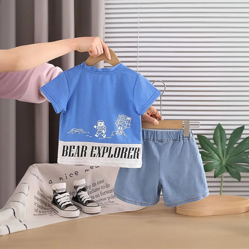 Boys Blue Robot Graphic T-Shirt With Denim Shorts Sets Sets