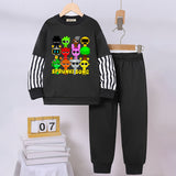 Boys Black Sprunki Cartoon Printed Sweatshirt With Jogger Sets