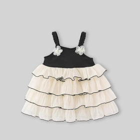 Girls Apricot Flower Applique Multilayer Tiered Fit & Flare Dress Casual Dresses