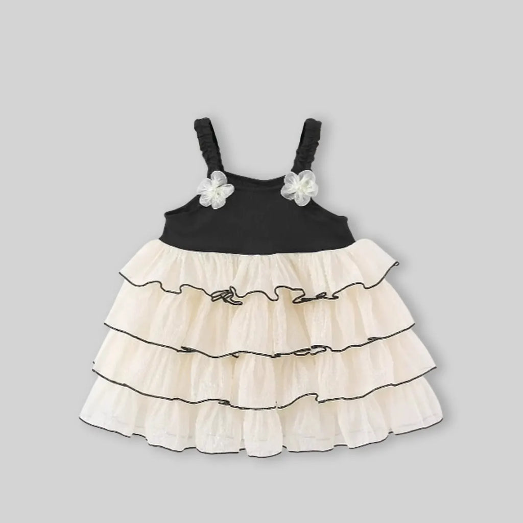 Girls Apricot Flower Applique Multilayer Tiered Fit & Flare Dress Casual Dresses
