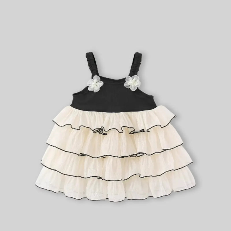 Girls Apricot Flower Applique Multilayer Tiered Fit & Flare Dress Casual Dresses