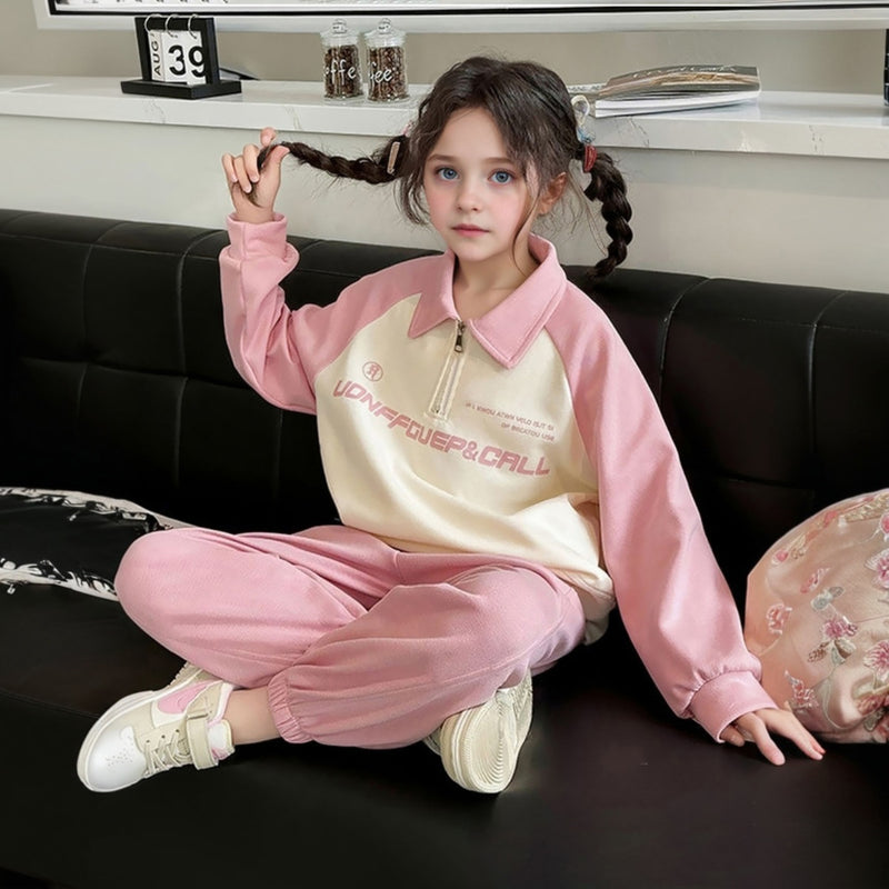 Girls Pink Typographic Printed Collared Sweatshirt With Jogger Set 2 pc. Sets
