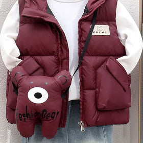 Boys Maroon Hooded Sleeveless Puffer Vest With Patch Pockets Coats & Jackets