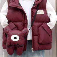 Boys Maroon Hooded Sleeveless Puffer Vest With Patch Pockets Coats & Jackets
