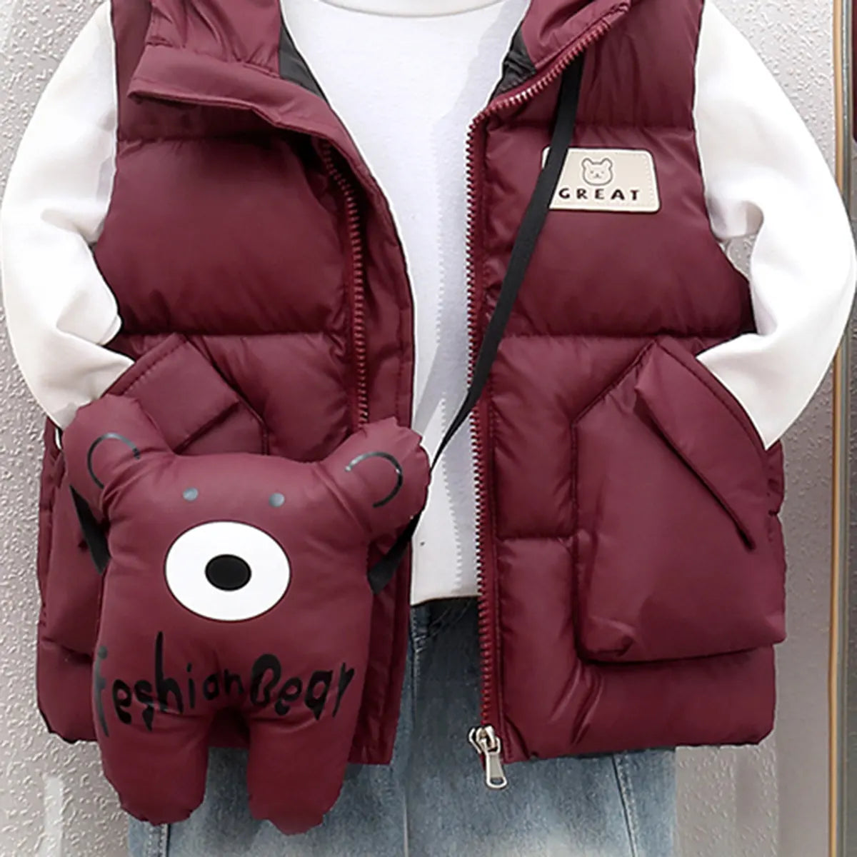 Boys Maroon Hooded Sleeveless Puffer Vest With Patch Pockets Coats & Jackets