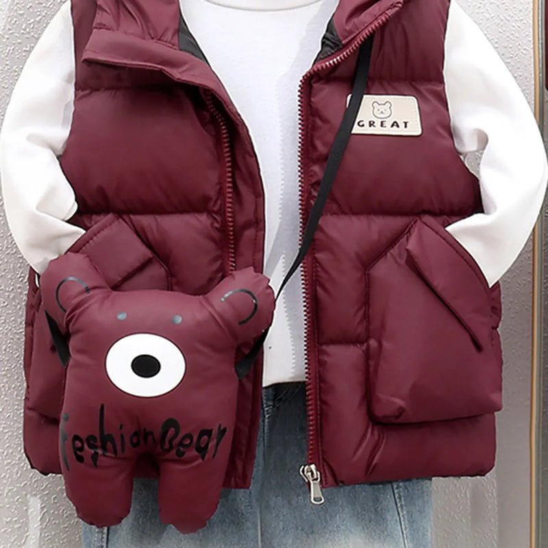 Boys Maroon Hooded Sleeveless Puffer Vest With Patch Pockets Coats & Jackets