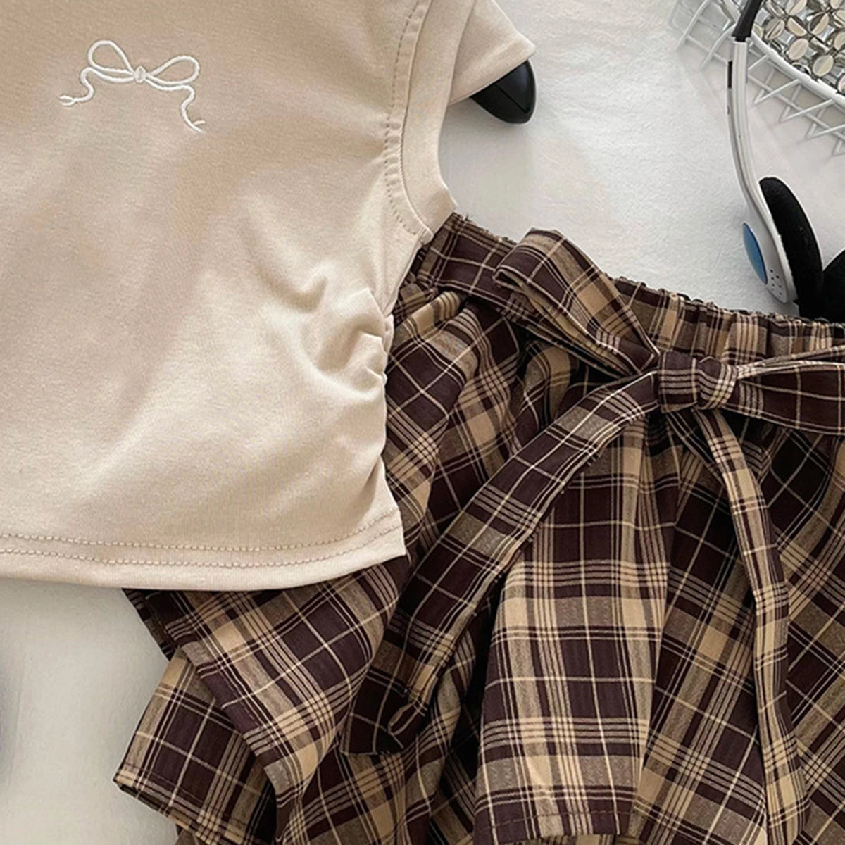 Girls Beige Bow Embroidered Cap Sleeve Top With Checked Skirt Sets 2 pc. Sets