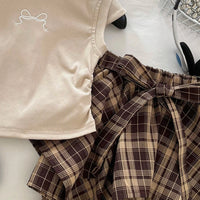 Girls Beige Bow Embroidered Cap Sleeve Top With Checked Skirt Sets 2 pc. Sets