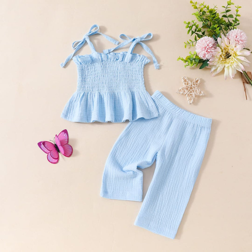Girls Elasticated Sleeveless Top With Crinkled Pants Set